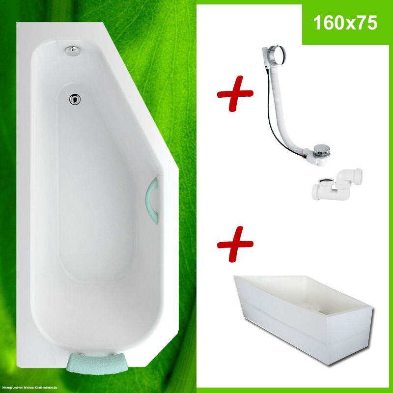 Badewanne 160x75 + Wannenträger + Ablauf Links - PANAMA